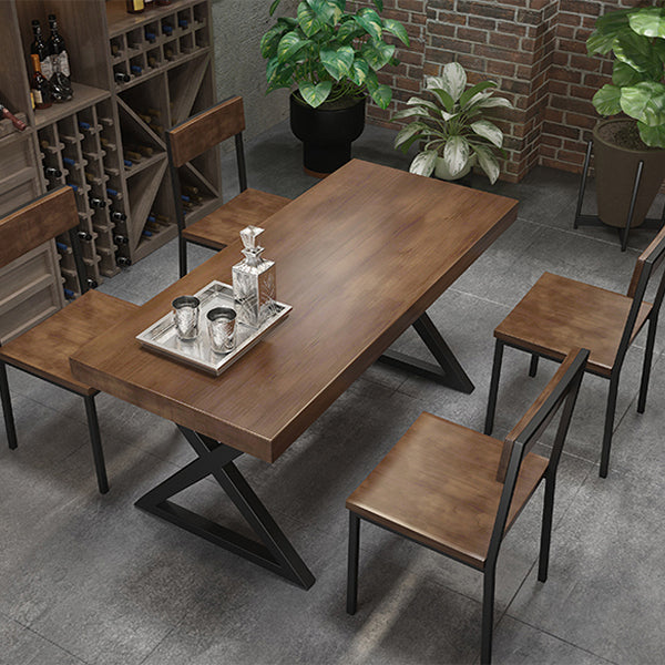 Industrial Style Rectangular Solid Wood Dining Table with Double Pedestal Iron Legs