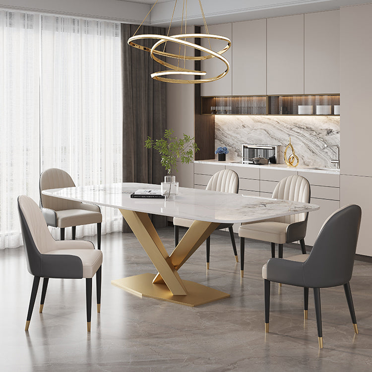 Modern White Rectangular Stone Dining Table with Metal Pedestal Base