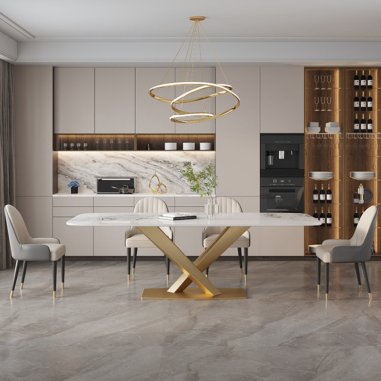 Modern White Rectangular Stone Dining Table with Metal Pedestal Base
