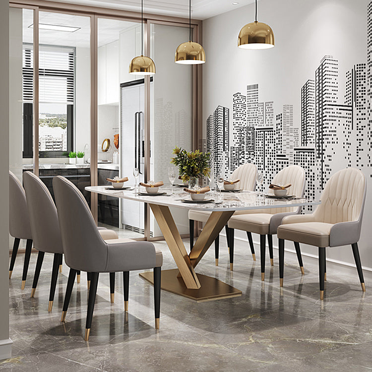 Modern White Rectangular Stone Dining Table with Metal Pedestal Base