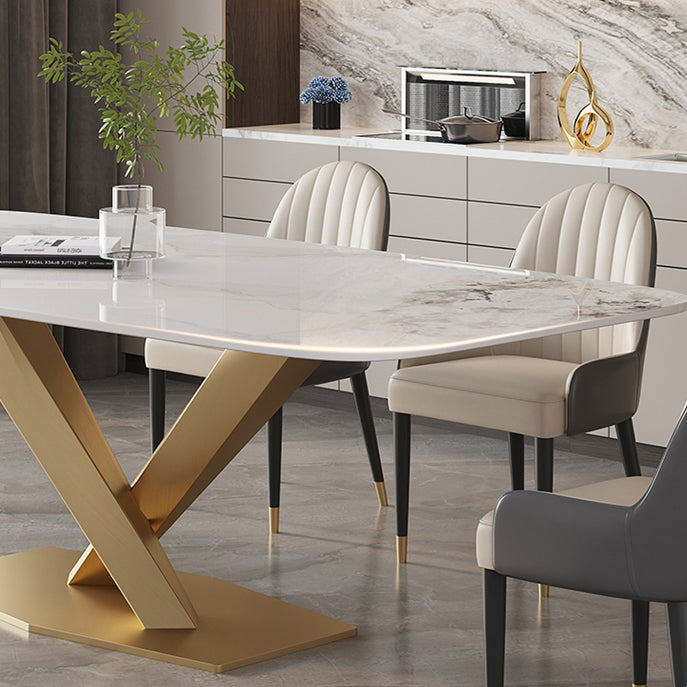 Modern White Rectangular Stone Dining Table with Metal Pedestal Base