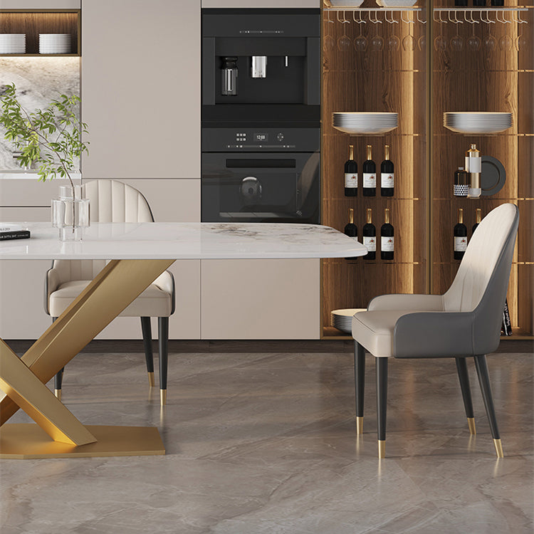 Modern White Rectangular Stone Dining Table with Metal Pedestal Base