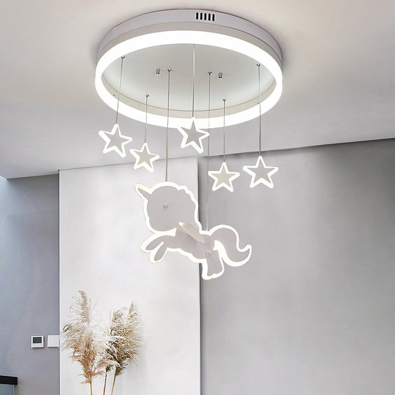 Circular Acrylic Ceiling Mount Lamp Cartoon White LED Flush Mount Lighting Fixture with Star and Unicorn Drape