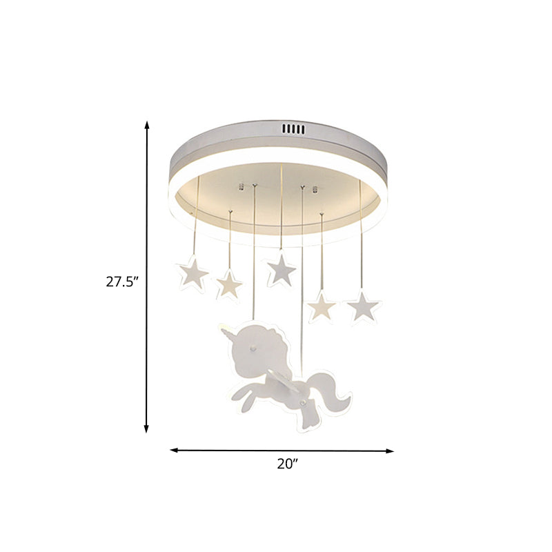 Circular Acrylic Ceiling Mount Lamp Cartoon White LED Flush Mount Lighting Fixture with Star and Unicorn Drape