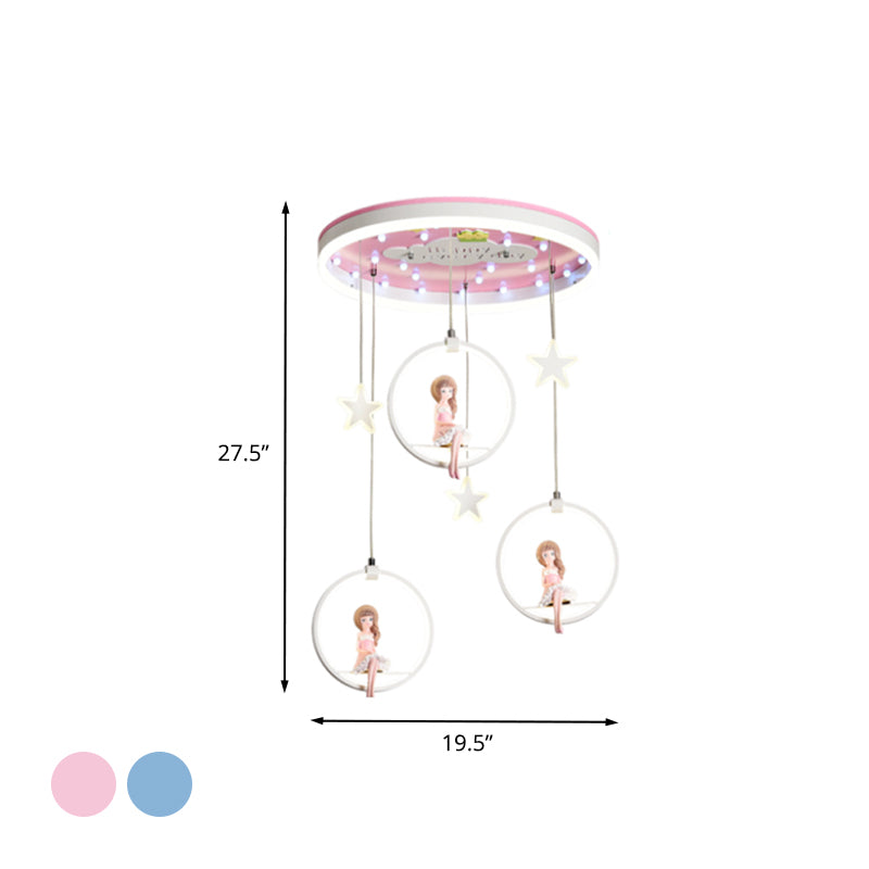 Pink/Blue Circle Flush Mount Lamp Kids Metal LED Ceiling Light Fixture with Suspended Princess/Astronaut