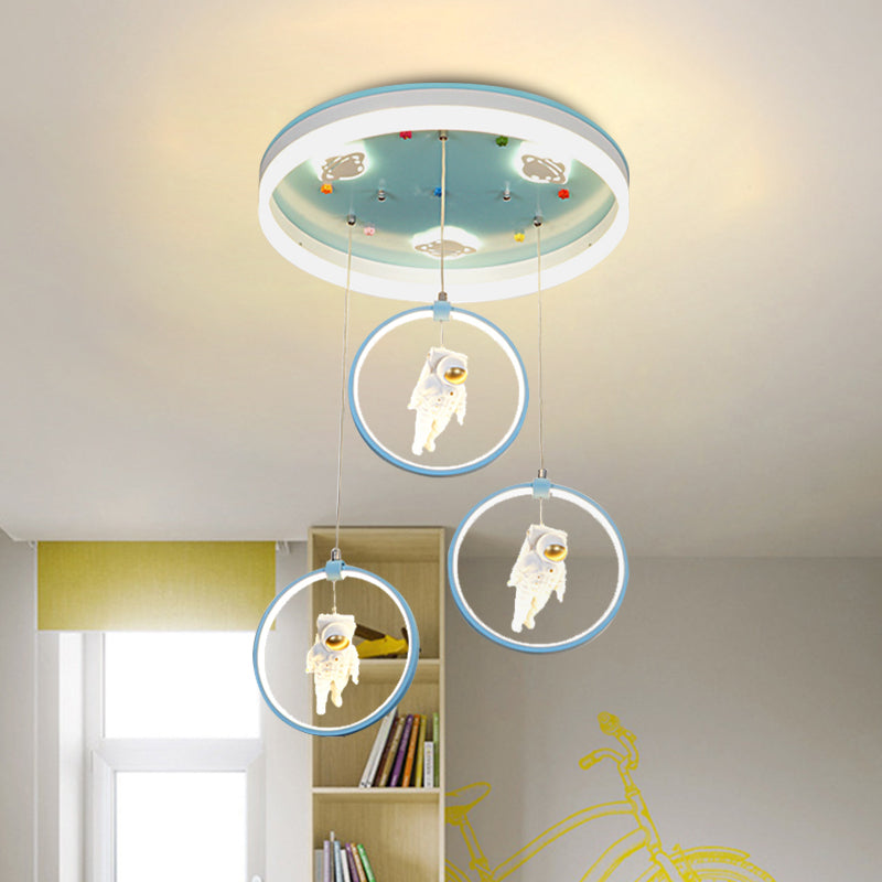 Pink/Blue Circle Flush Mount Lamp Kids Metal LED Ceiling Light Fixture with Suspended Princess/Astronaut