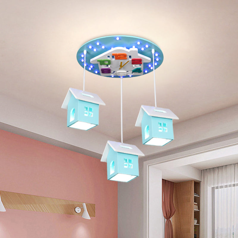 Wood Draping House Ceiling Light Cartoon 3 Bulbs LED Flush-Mount Light Fixture in Pink/Blue