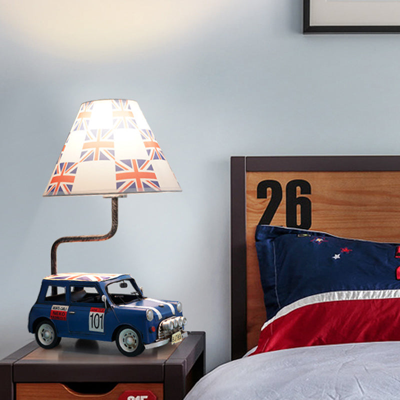 Kids Jeep Car Iron Nightstand Lamp 1 Head Table Light in Yellow/Blue with Cross Fabric Empire Shade
