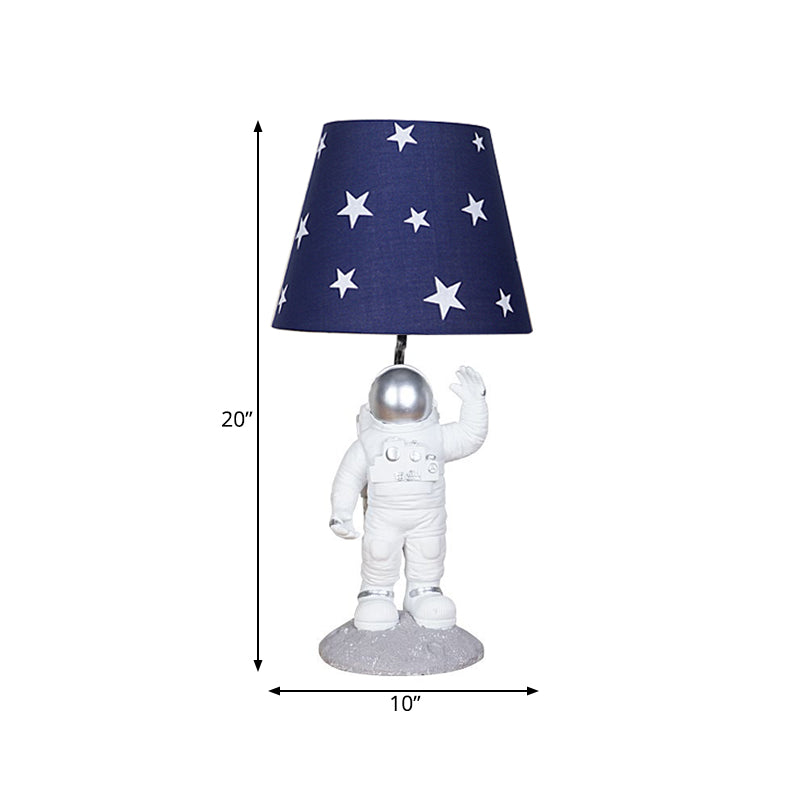 Blue Empire Shade Night Lampe Kinder einzeln stern gemustertem Stofftisch Beleuchtung mit geschnitzter Raumfahrt -Basis, 10 "/13" breit