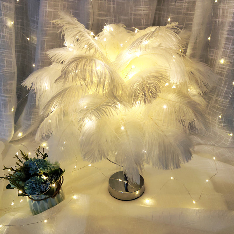Palmbaum Federtisch Beleuchtung moderne romantische Rosa/Weiß -LED -Nachttisch -Lampe mit K9 -Kristall Drop
