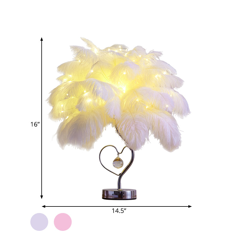 Table de plumes de palmier Éclairage d'éclairage moderne de table de chevet rose romantique / blanc à LED avec goutte de cristal K9