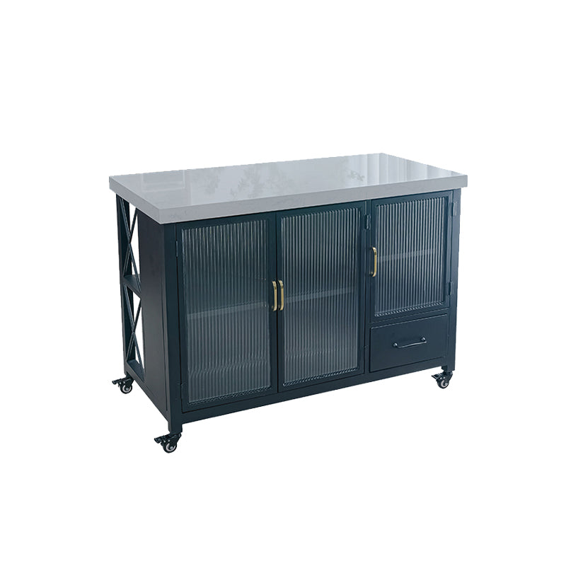 Faux Marble Rectangle Kitchen Island Cart with Glass Storage Cabinet