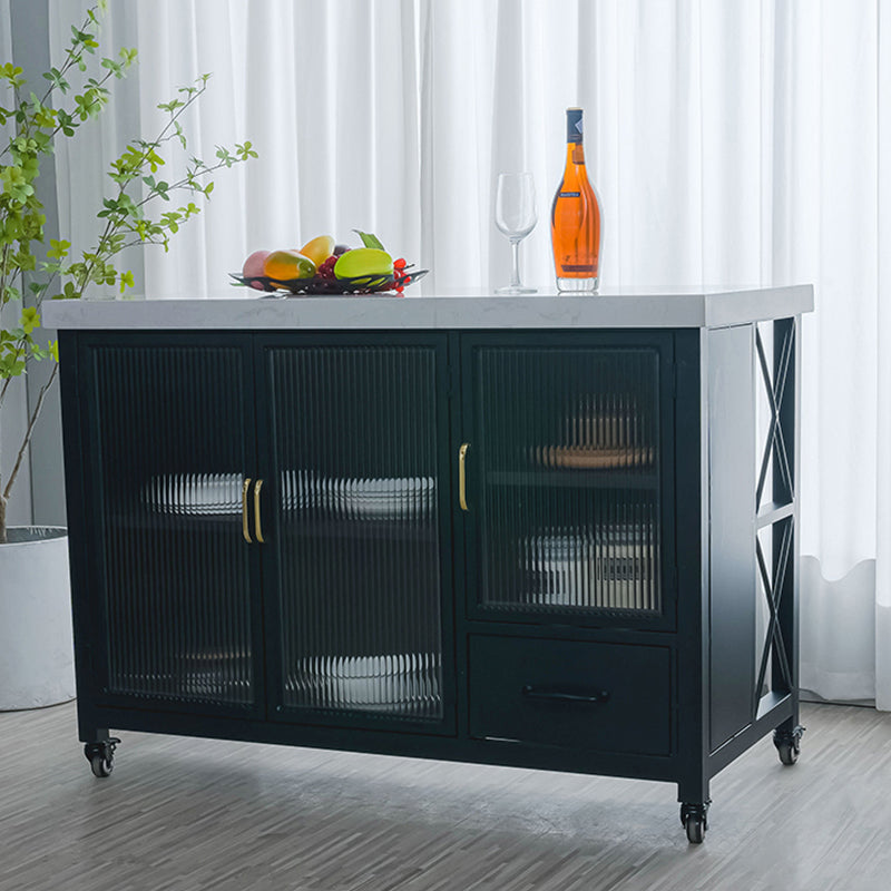 Faux Marble Rectangle Kitchen Island Cart with Glass Storage Cabinet