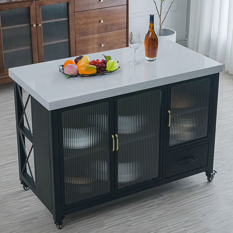 Faux Marble Rectangle Kitchen Island Cart with Glass Storage Cabinet