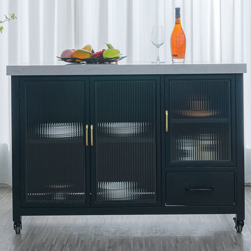 Faux Marble Rectangle Kitchen Island Cart with Glass Storage Cabinet