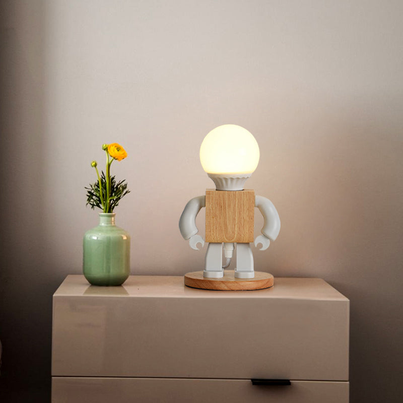 Metalen robotvorm nachtkastje lichte cartoon 1 licht wit en houten nachttafellamp voor het bedzijde