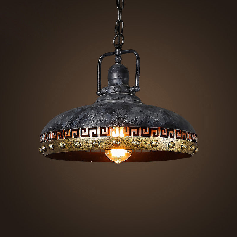Antiquierte Schüssel nach unten Licht 1-Licht-Metallhanglampe in Schwarz mit rotierbarem Griff
