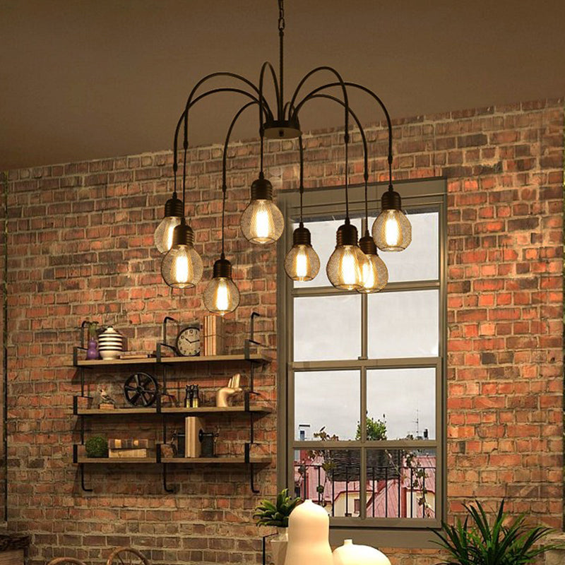 Antiqued Bulb Mesh Chandelier Light 8/12/18-Light Metallic Pendulum Lamp in Black with Wicker Design