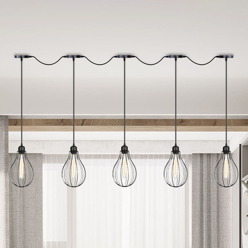 3/5/7-Bulb Multi Light Pendant Chandelier Industrial Pear Cage Iron Hanging Light Kit in Black