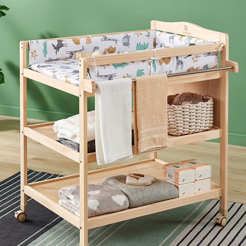 Solid Wood Baby Changing Table Flat Top with 2 Storage Shelves and Wheel