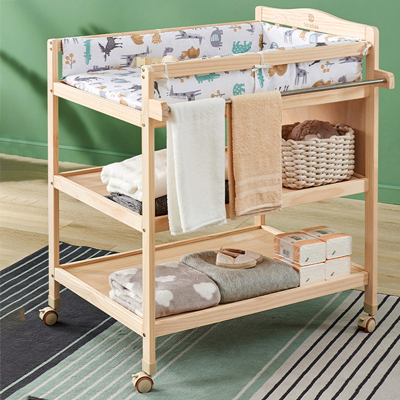 Solid Wood Baby Changing Table Flat Top with 2 Storage Shelves and Wheel