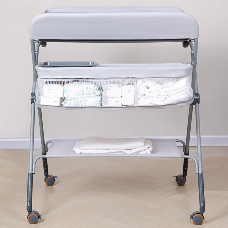 Flat Top Baby Changing Table Modern Style in Metal Frame with Storage Basket