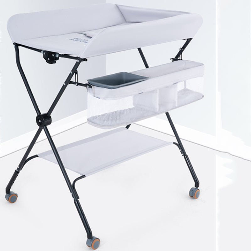 Flat Top Baby Changing Table Modern Style in Metal Frame with Storage Basket
