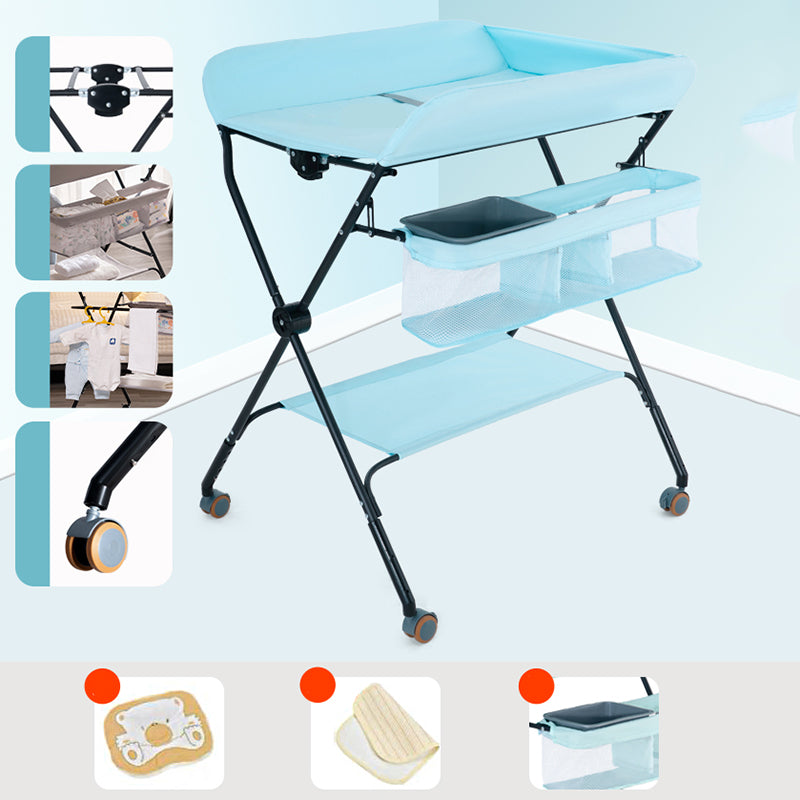 Flat Top Baby Changing Table Modern Style in Metal Frame with Storage Basket