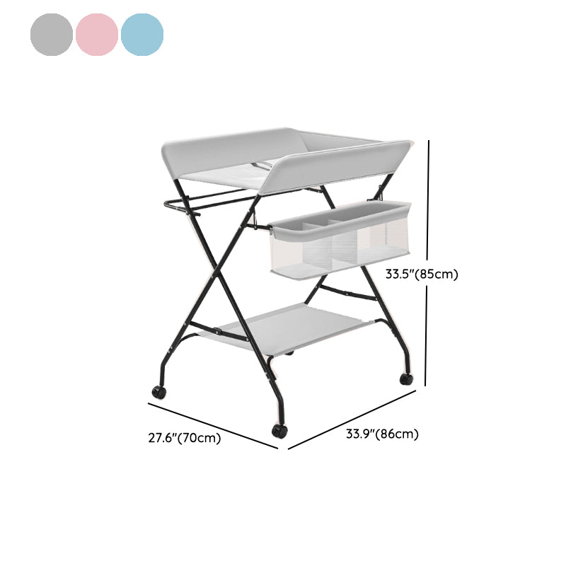 Flat Top Baby Changing Table Modern Style in Metal Frame with Storage Basket