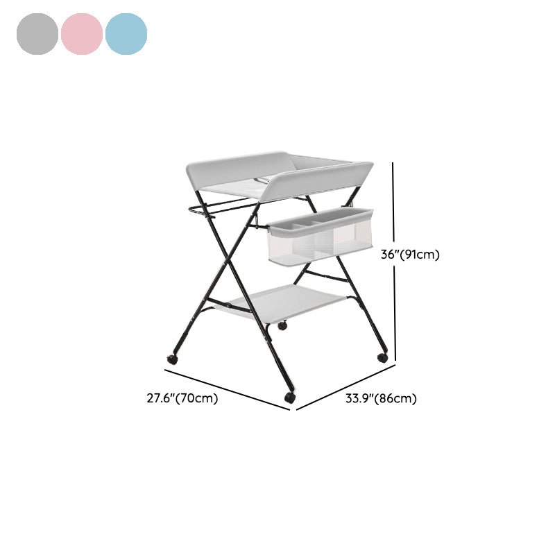 Flat Top Baby Changing Table Modern Style in Metal Frame with Storage Basket