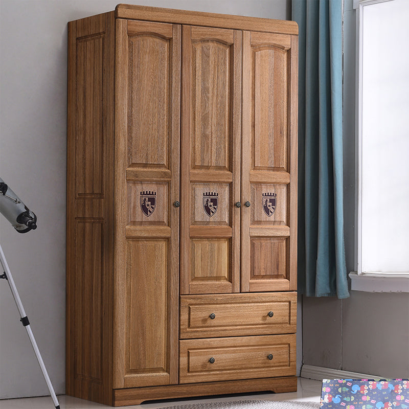 Brown Solid Wood Shelved with Garment Rod Door Wardrobe Armoire