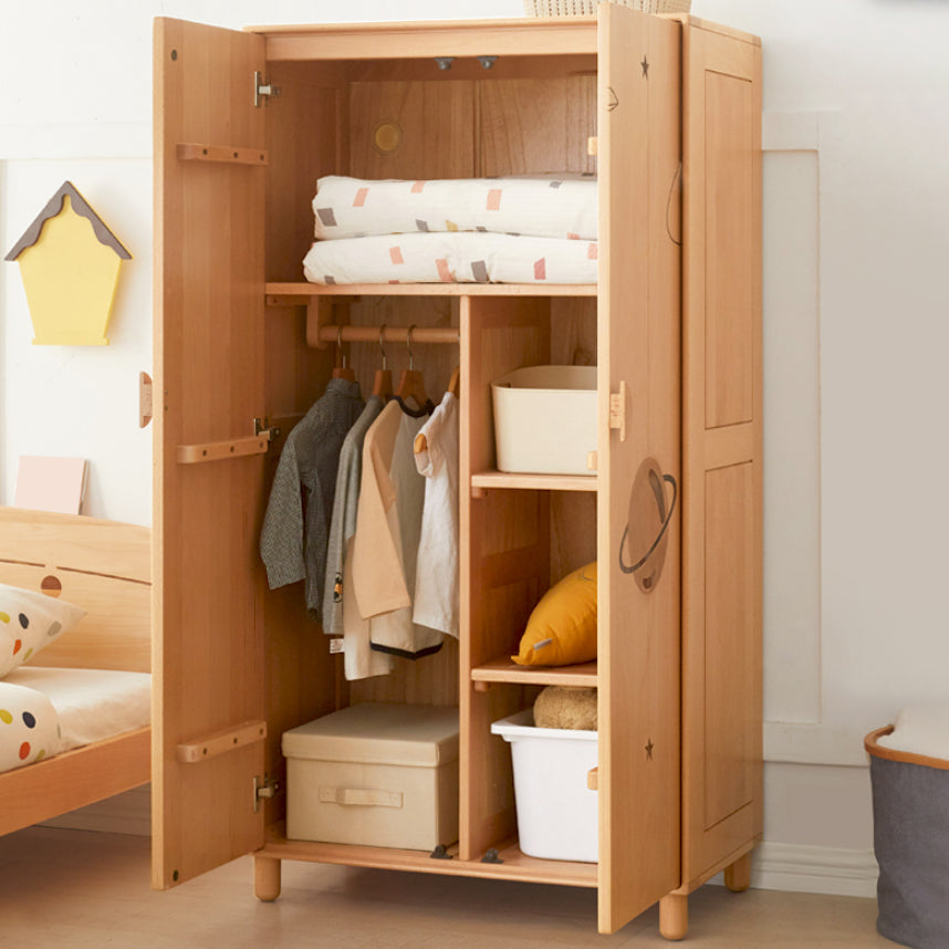 Light Wood Solid Wood with Shelves with Garment Rod Armoire Cabinet