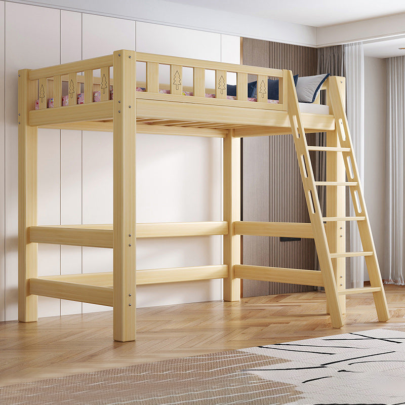 Contemporary Loft Bed Natural Solid Wood Kids Bed with Guardrail