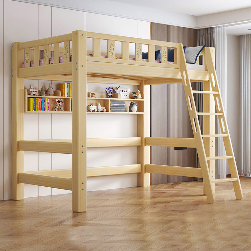 Contemporary Loft Bed Natural Solid Wood Kids Bed with Guardrail