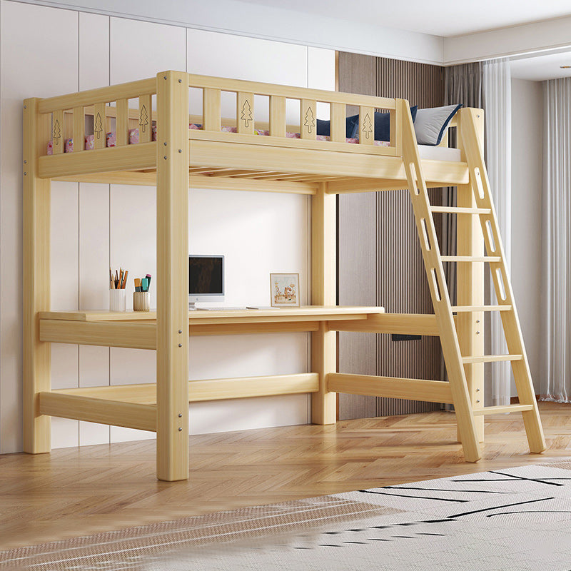 Contemporary Loft Bed Natural Solid Wood Kids Bed with Guardrail