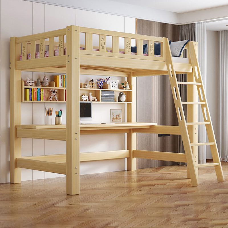 Contemporary Loft Bed Natural Solid Wood Kids Bed with Guardrail