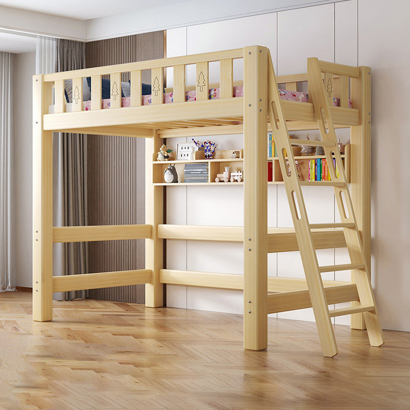 Contemporary Loft Bed Natural Solid Wood Kids Bed with Guardrail