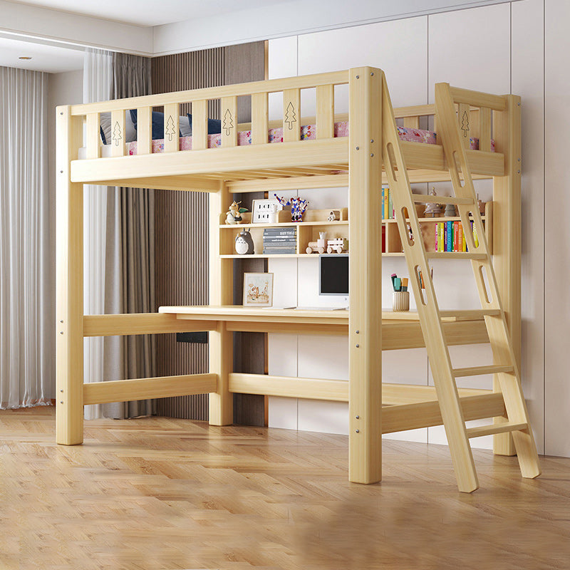 Contemporary Loft Bed Natural Solid Wood Kids Bed with Guardrail