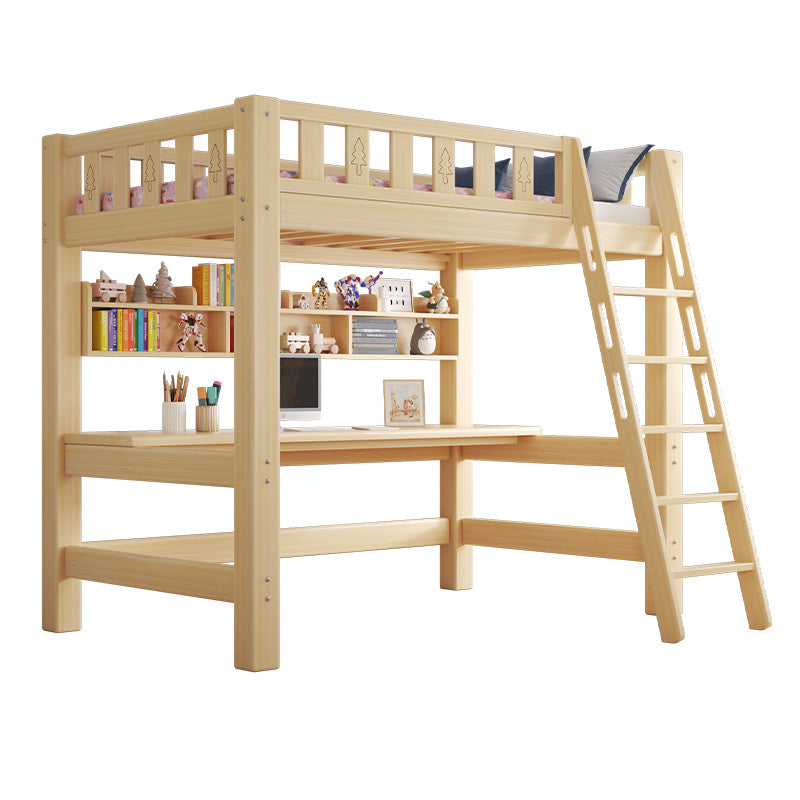 Contemporary Loft Bed Natural Solid Wood Kids Bed with Guardrail