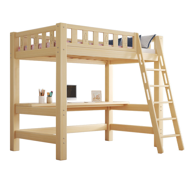 Contemporary Loft Bed Natural Solid Wood Kids Bed with Guardrail