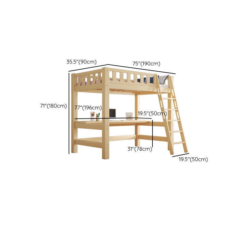 Contemporary Loft Bed Natural Solid Wood Kids Bed with Guardrail