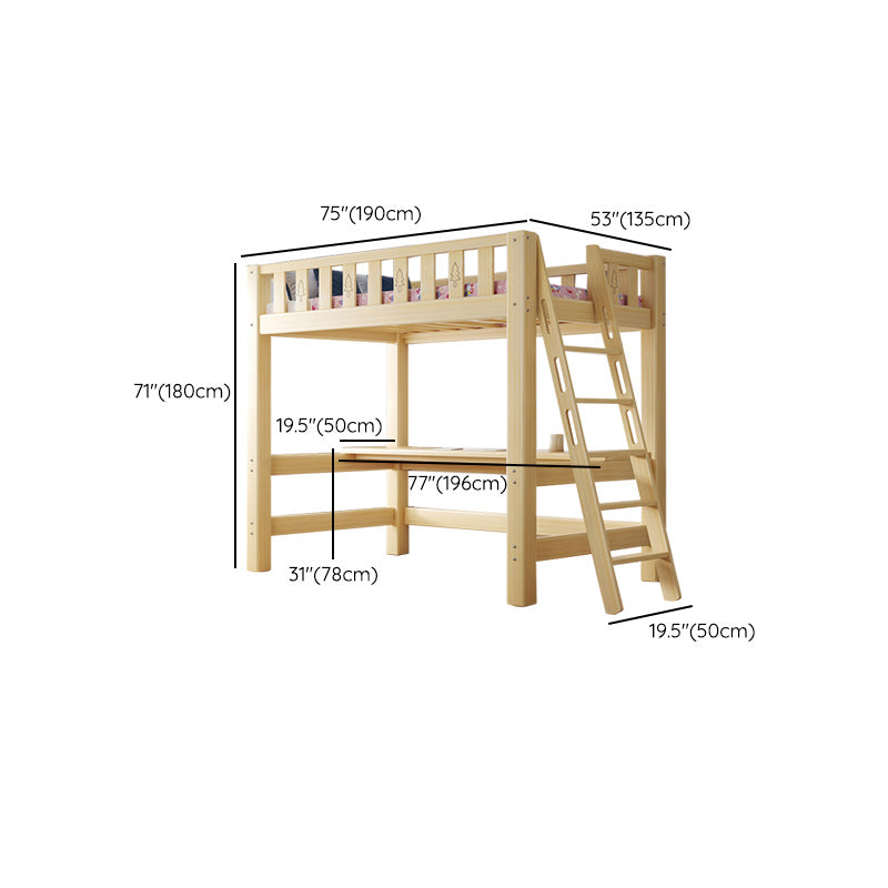 Contemporary Loft Bed Natural Solid Wood Kids Bed with Guardrail