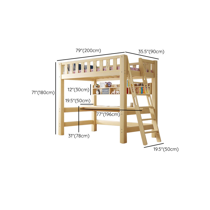 Contemporary Loft Bed Natural Solid Wood Kids Bed with Guardrail