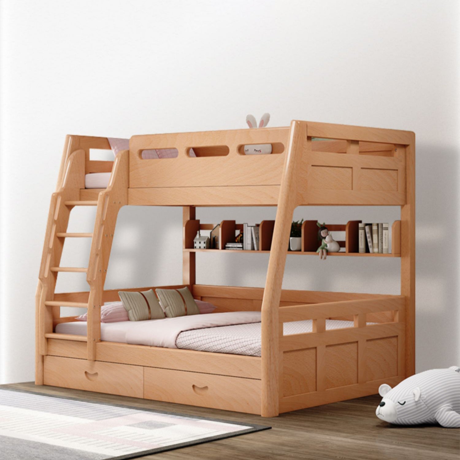 Natural Solid Wood Kids Bed Natural Bunk Bed with Guardrail and Mattress