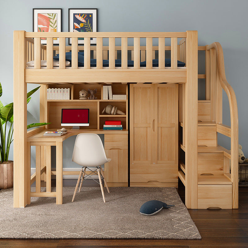 Natural Wood Loft Bed Contemporary Kids Bed with Guardrails and Mattress