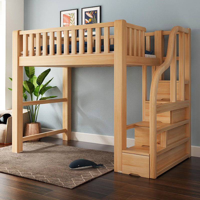 Natural Wood Loft Bed Contemporary Kids Bed with Guardrails and Mattress