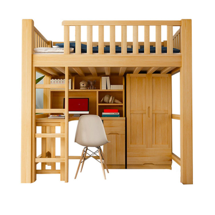Natural Wood Loft Bed Contemporary Kids Bed with Guardrails and Mattress