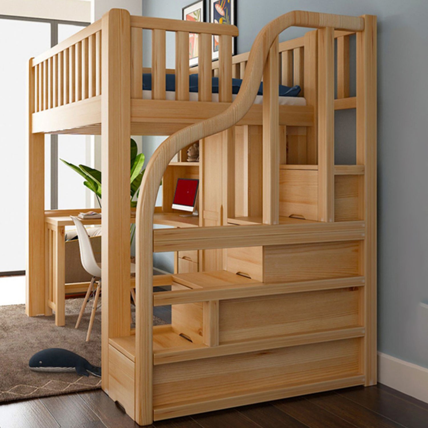 Natural Wood Loft Bed Contemporary Kids Bed with Guardrails and Mattress