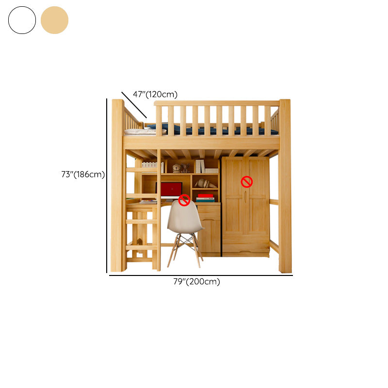 Natural Wood Loft Bed Contemporary Kids Bed with Guardrails and Mattress