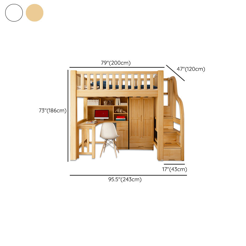 Natural Wood Loft Bed Contemporary Kids Bed with Guardrails and Mattress